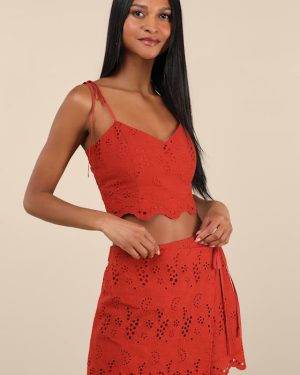 Kamilla Rust Red Eyelet Embroidered Mini Wrap Skirt