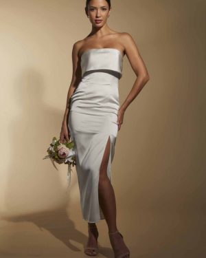 Kate Strapless Satin Midi Dress with Bust Overlay, UK 18 / US 14 / EU 46 / Ivory