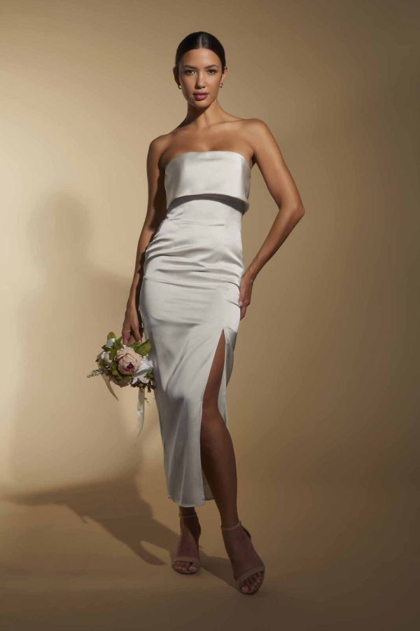 Kate Strapless Satin Midi Dress with Bust Overlay, UK 18 / US 14 / EU 46 / Ivory