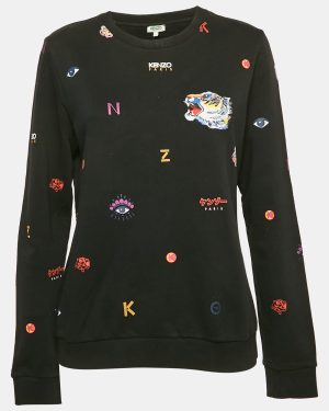 Kenzo Black Over All Print Cotton Crewneck Sweatshirt L
