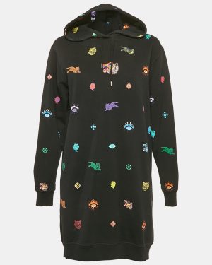 Kenzo Black Tiger Print Cotton Knit Hooded Mini Dress S