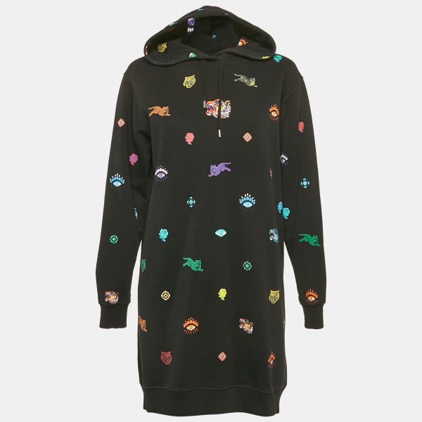 Kenzo Black Tiger Print Cotton Knit Hooded Mini Dress S