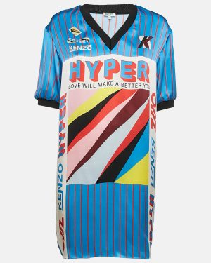 Kenzo Blue Hyper Stripe Print Satin Silk V-Neck Shift Dress XS