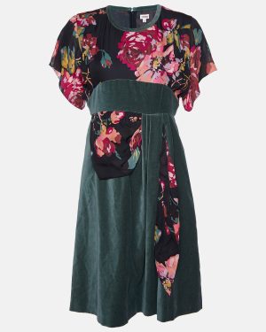 Kenzo Green Floral Print Silk & Velvet Knee-Length Dress M