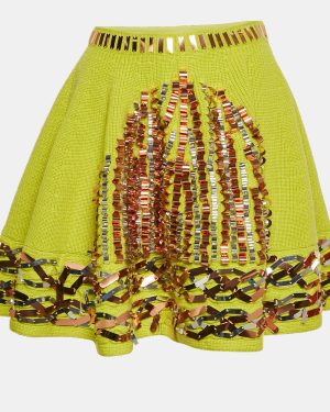 Kenzo Green Sequin Embellished Rib Knit Flared Mini Skirt M