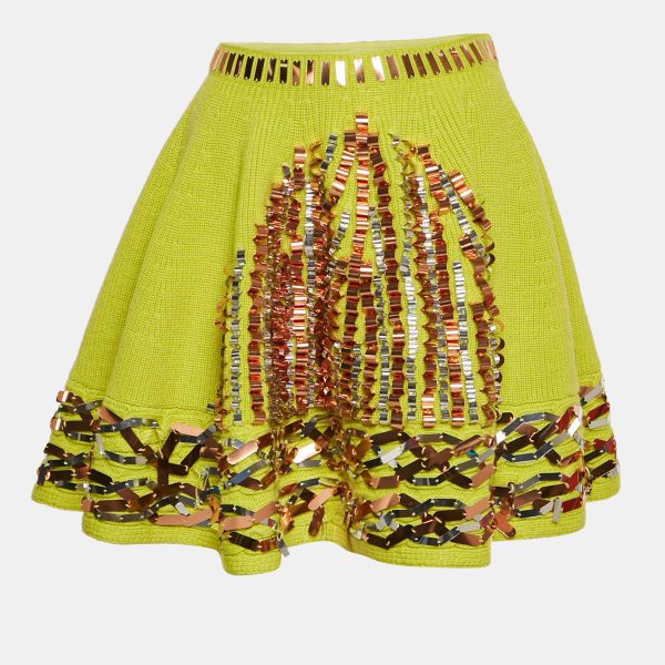 Kenzo Green Sequin Embellished Rib Knit Flared Mini Skirt M