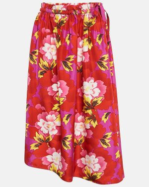 Kenzo Red Floral Print Silk High-Low Midi Skirt M