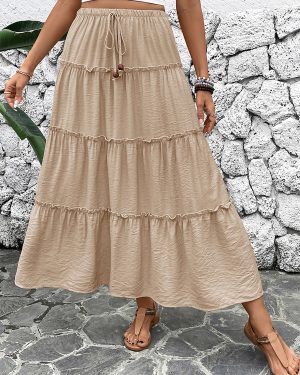 Khaki Layered A-line Long Skirt 2025
