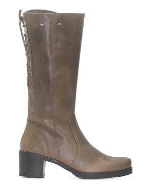 Khaki Leather Heeled Long Boot