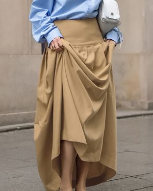Khaki Pleated Long Skirt Raised Waist Solid Color Elegant Spring Skirt For Women 2025
