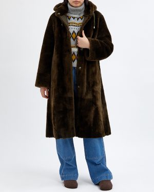 Khaki Shearling Reversible Hooded Coat