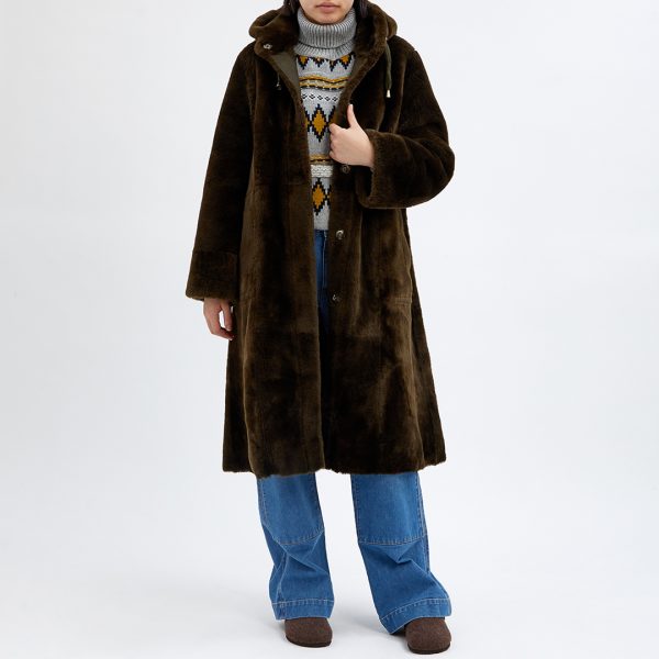 Khaki Shearling Reversible Hooded Coat