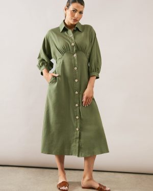 Khaki WALLIS Viscose Cotton Button Through Shirt Dress