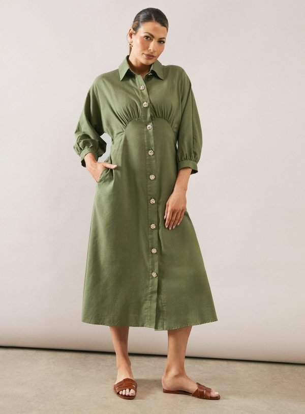 Khaki WALLIS Viscose Cotton Button Through Shirt Dress