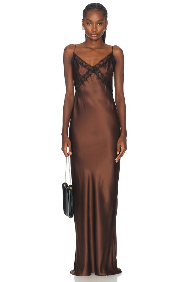 Kiki de Montparnasse Lace Inset Maxi Slip Dress in Mink - Brown. Size L (also in ).