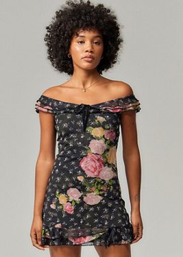 Kimchi Blue Albany Bardot Floral Mini Dress - Black M at Urban Outfitters