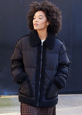 Kimchi Blue Borg Trim Puffer Coat Jacket - Black XS at Urban Outfitters