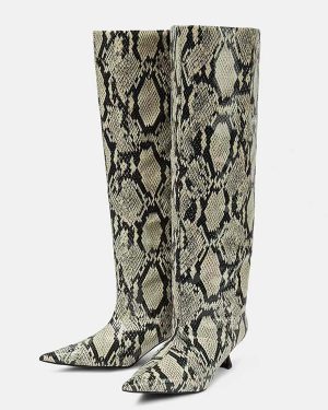 Kitten Heel Knee High Boots Snake Print Wide Claf Boots For Women