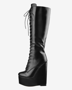 Knee High Boots Black Sexy Lace Up Wedge Heel Lace Up Boots For Women