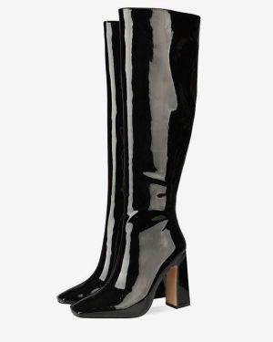 Knee-High Gogo Boots Leather Black Square Toe Chunky Heel High Heel Knee Length Boots For Women