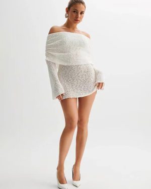 Knitted Dress Modern Acrylic Long Sleeves Bateau Neck