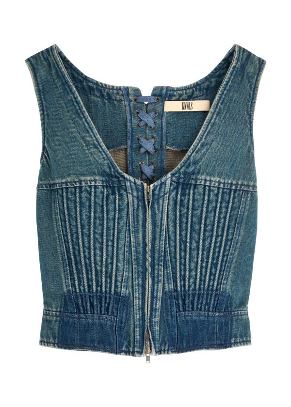 Knwls Lace-up Cropped Denim Corset top - Navy - 10 (UK10 / S)