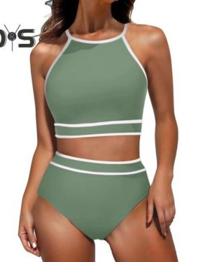 (L, army green) 2pcs/set Women Bikini Set Halter Racer Back Bra High Waist Swimming Briefs Set Sporty Color Block Swimsuit