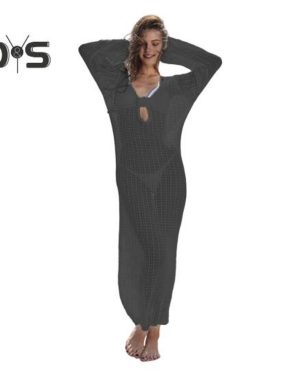 (L, black) Women Beach Dress Hollow Out Knitted Backless Lace-up Straps V Neck Loose Smock Cover-up Long Sleeve Sun Protection Lady Bikini Swimsuit Be