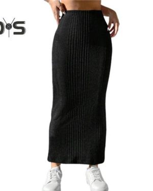 (L, black) Women Fall Winter Skirt High Waist Knitted Elastic Thick Warm Ankle Length Striped Slim Fit Soft Sheath Lady Maxi Skirt