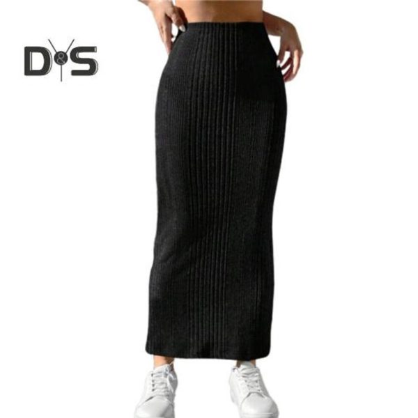 (L, black) Women Fall Winter Skirt High Waist Knitted Elastic Thick Warm Ankle Length Striped Slim Fit Soft Sheath Lady Maxi Skirt