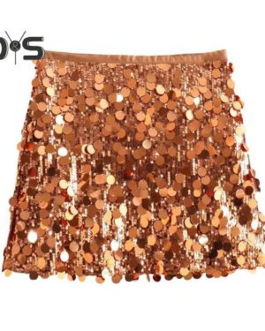 (L, golden) Women Mini Skirt High Waist Sparkling Sequin A-line Short Skirt Hip Wrapped Party Wedding Skirt Clubwear