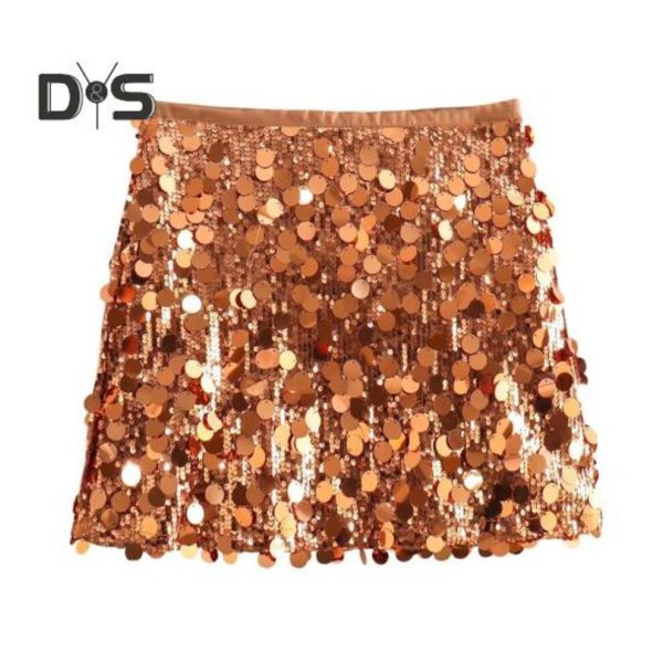 (L, golden) Women Mini Skirt High Waist Sparkling Sequin A-line Short Skirt Hip Wrapped Party Wedding Skirt Clubwear