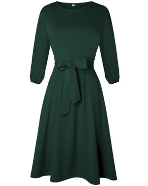 (L, green) women's Evening Dresses Elegant Formal Wedding Festive Dress with Belt 3/4 Sleeve Knee-Length A-line Cocktail Dress Party Dress Prom Dress