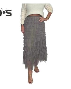 (L, khaki) Women Midi Skirt Elastic High Waist Multi Layer Mesh Yarn Long Skirt Solid Color Slimming Style Versatile Skirt