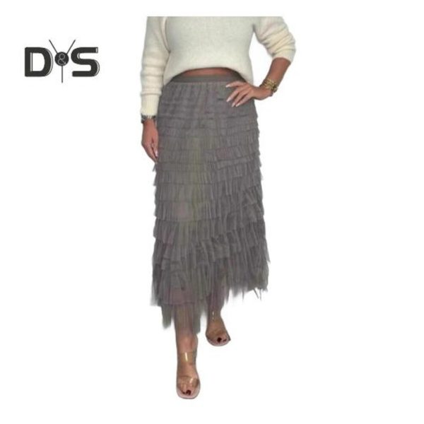(L, khaki) Women Midi Skirt Elastic High Waist Multi Layer Mesh Yarn Long Skirt Solid Color Slimming Style Versatile Skirt