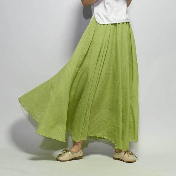 (L, light green) Women's Elegant High Waist Linen Maxi Skirt Summer Ladies Casual Elastic Waist 2 Layers Skirts Saia Feminina