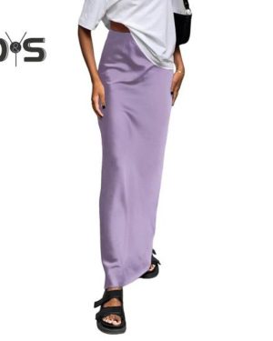 (L, purple) Women Satin Skirt High Waist Midi Long Skirt Slim Wrap Hip A-line Faux Silk Skirts For Spring Summer Streetwear