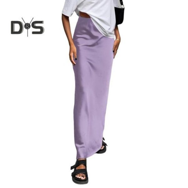 (L, purple) Women Satin Skirt High Waist Midi Long Skirt Slim Wrap Hip A-line Faux Silk Skirts For Spring Summer Streetwear
