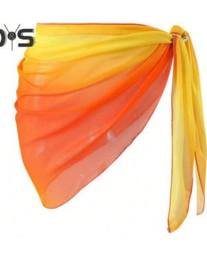 (L, yellow) Beach Sheer Cover Up Skirt Gradient Color Chiffon Bikini Wrap Versatile Scarf Swimwear Shawl Sunscreen Cover Up