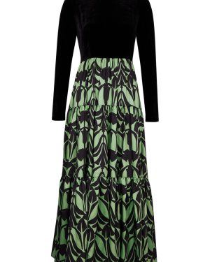 LA Double J Printed Satin and Velvet Midi Dress - Green - S