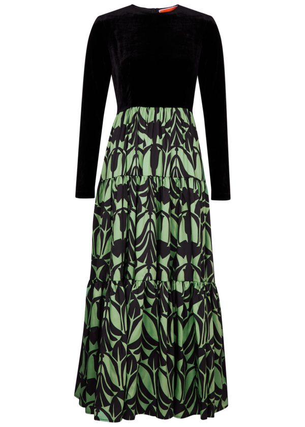 LA Double J Printed Satin and Velvet Midi Dress - Green - S