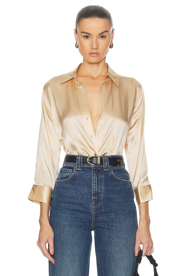 L'AGENCE Dani 3/4 Sleeve Blouse in Toasted Almond - Beige. Size XL (also in ).