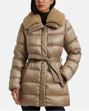 LAUREN BY RALPH LAUREN Faux-Shearling-Trim Belted Down Coat - Beige