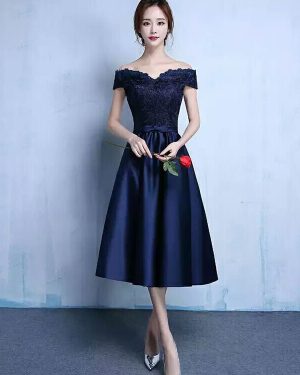 Lace Cocktail Dress Off The Shoulder Prom Dress Dazzling Blue Satin Sweetheart A Line Tea Length Graduation Dress With Bow Sash wedding guest dress