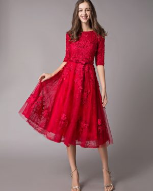 Lace Cocktail Dresses Burgundy Bow Sash Half Sleeve Tea Length Prom Dress