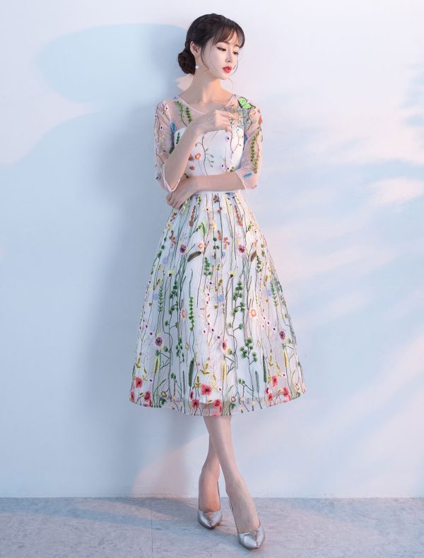 Lace Prom Dresses 2025 Short Floral Print Cocktail Dress Illusion Half Sleeve Tea Length Party Dress