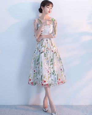 Lace Prom Dresses 2025 Short Floral Print Cocktail Dress Illusion Half Sleeve Tea Length Party Dress