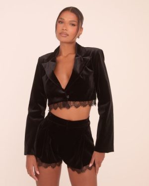 Lace Trim Detail Structured Cropped Blazer In Black Velvet, Women's Size UK 6