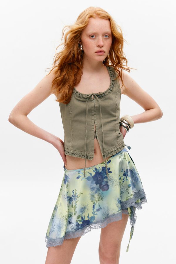 Lace-Trim Satin Wrap Mini Skirt