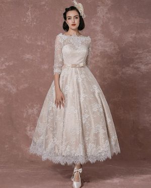 Lace Wedding Dress Vintage Bateau Champagne Half Sleeves Bridal Gown A Line Backless Tea Length Sash Reception Bridal Dress